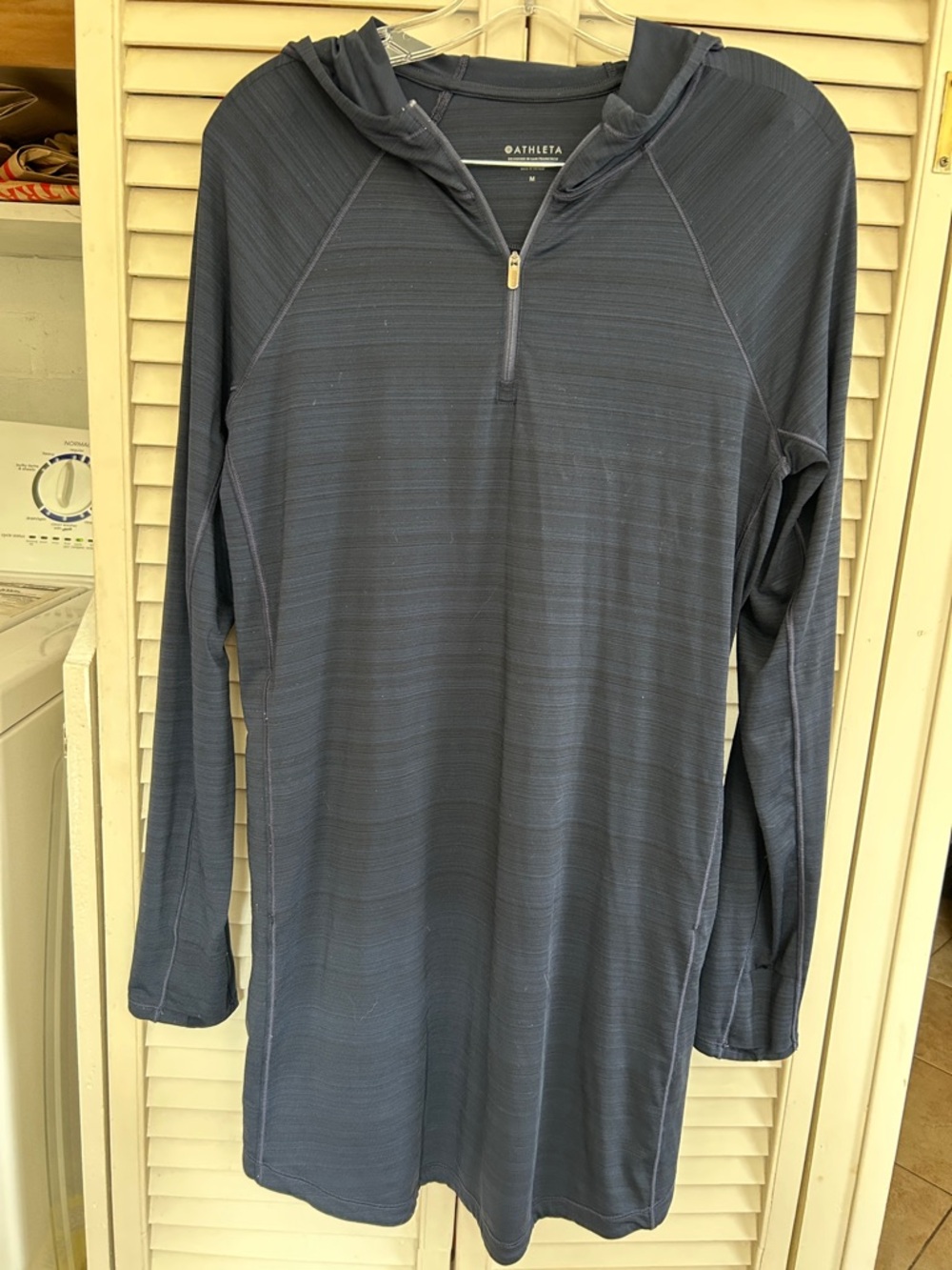 Athleta Navy long sleeve Hooded Half-Zip sweat wicking cover up Tunic dress